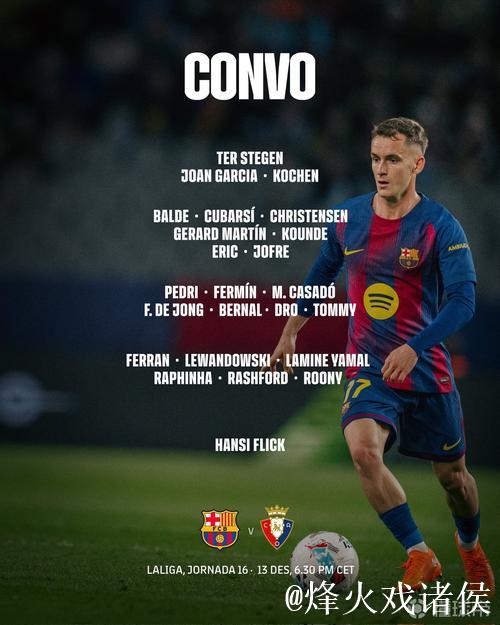 巴萨战奥萨苏纳大名单:莱万、亚马尔领衔,特狮在列,3C缺阵 巴萨战奥萨苏纳大名单:莱万、亚马尔领衔,特狮在列,3C缺阵